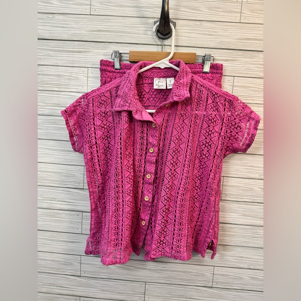 Fuchsia Lace Button-Down Shirt and Short Set